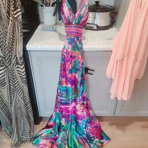 David's Bridal Pink and Multicolor Embellished Dress